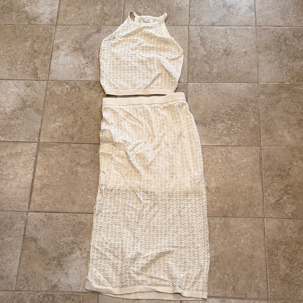 Two- Piece Cream Crochet Skirt Set - SMALL